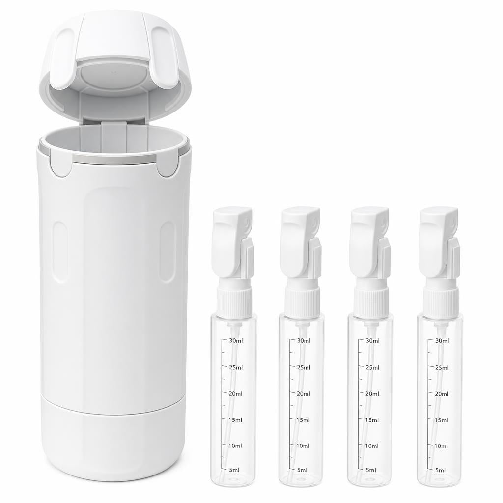 Jabonero portátil 4 en 1 color blanco, abierto con las 4 mini-botellas