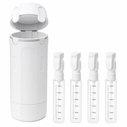 Jabonero portátil 4 en 1 color blanco, abierto con las 4 mini-botellas