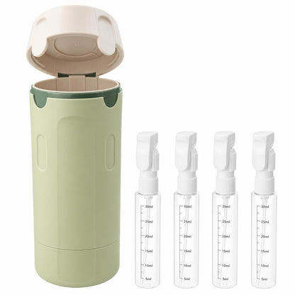 Jabonero portátil 4 en 1 color verde, abierto con las 4 mini-botellas